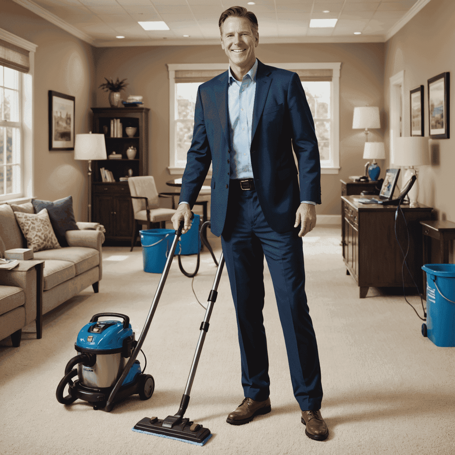 John Doe, Founder of SparkClean Carpet, smiling in a professional attire with cleaning equipment in the background