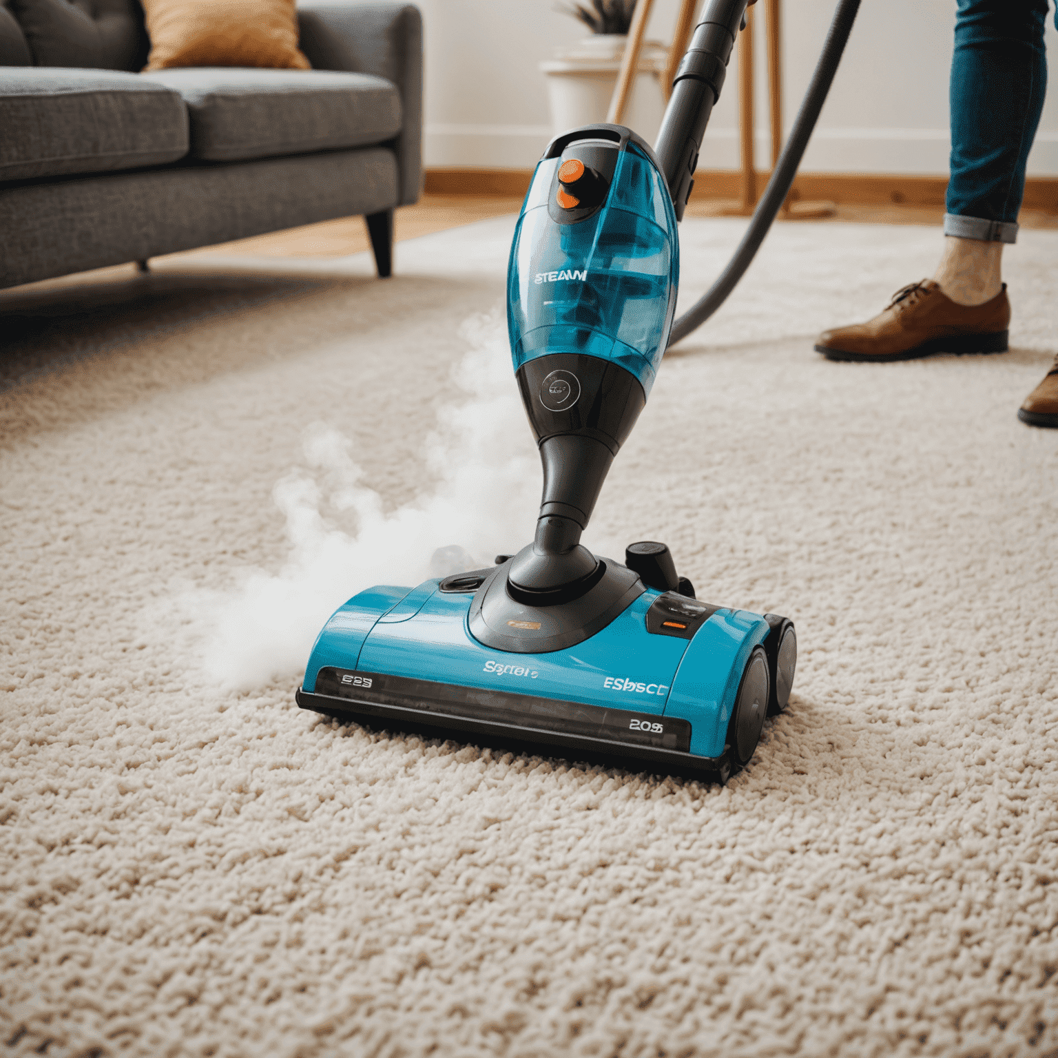 A person using a steam cleaner on a carpet, with visible steam and a noticeably cleaner section of carpet