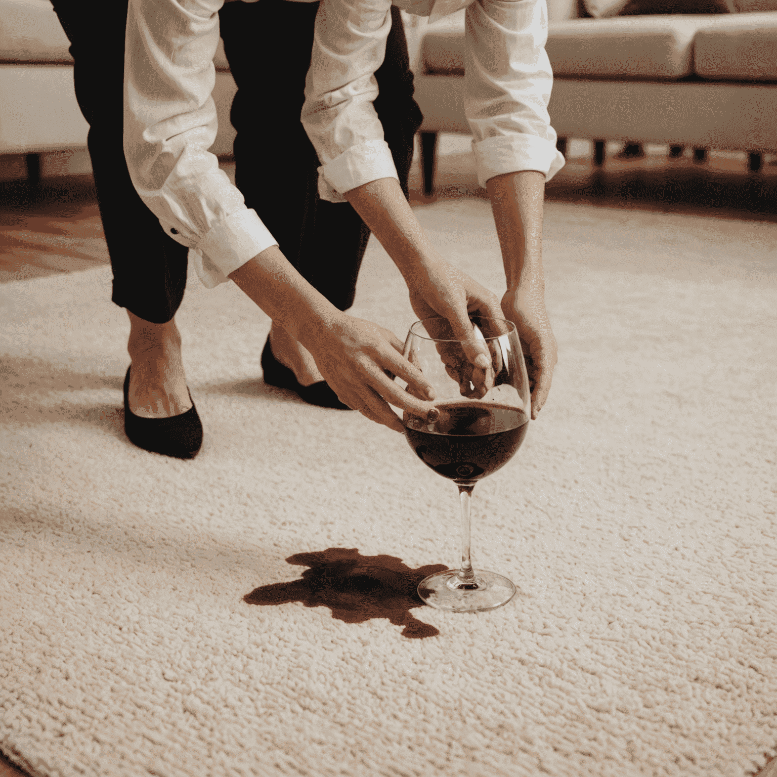 A person using a white cloth to blot a red wine stain on a beige carpet