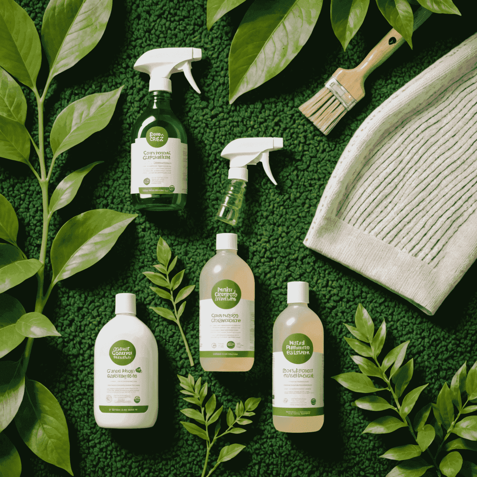 A collection of eco-friendly cleaning products next to a green, leafy plant, symbolizing natural and environmentally safe carpet cleaning solutions