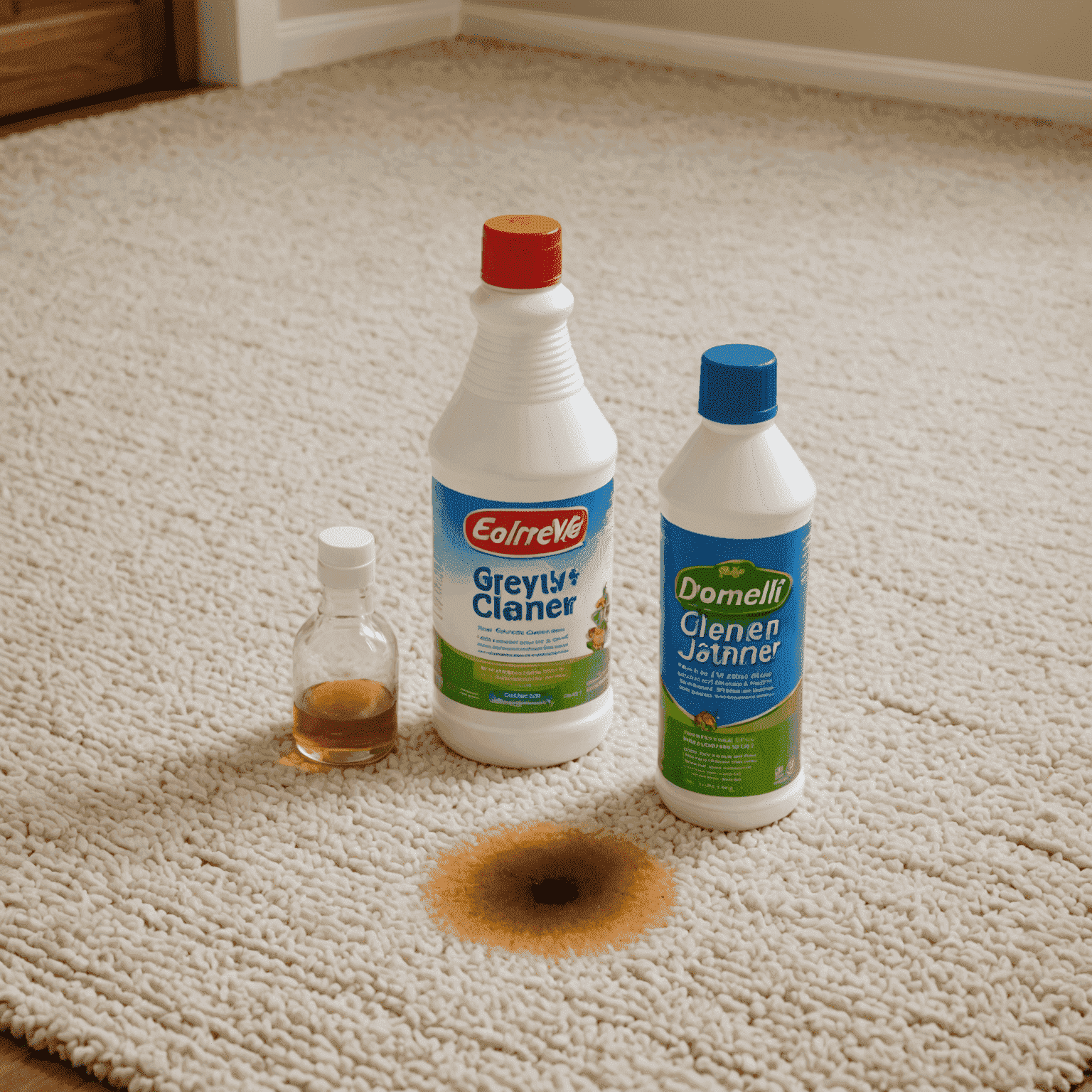 A bottle of enzymatic cleaner next to a clean spot on a carpet where a pet stain used to be