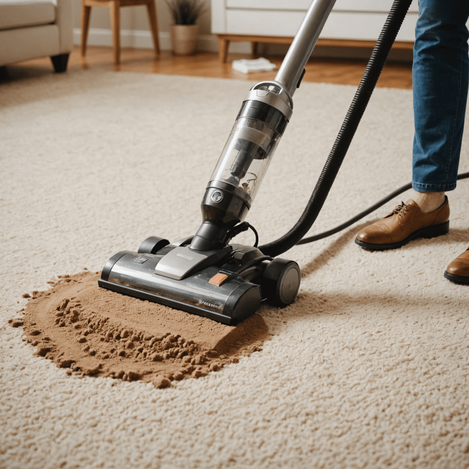 A vacuum cleaner removing dried mud from a carpet, with a dish soap solution nearby